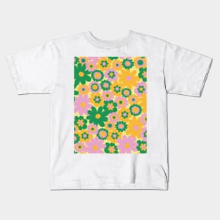 60s retro flower power, retro green, orange, pink, 60s groovy pattern, hippie flowers Kids T-Shirt